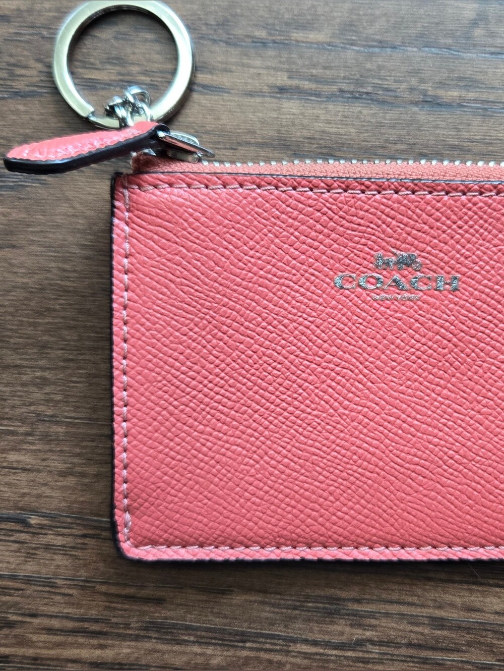 Coach Pink Coral Pebbled Leather Card Coin Case Keyring Keychain